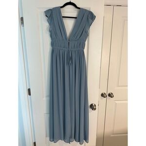 Lulus I'm All Yours Maxi‎ Dress Small Slate Blue Ruffled Flutter Sleeve Flowy